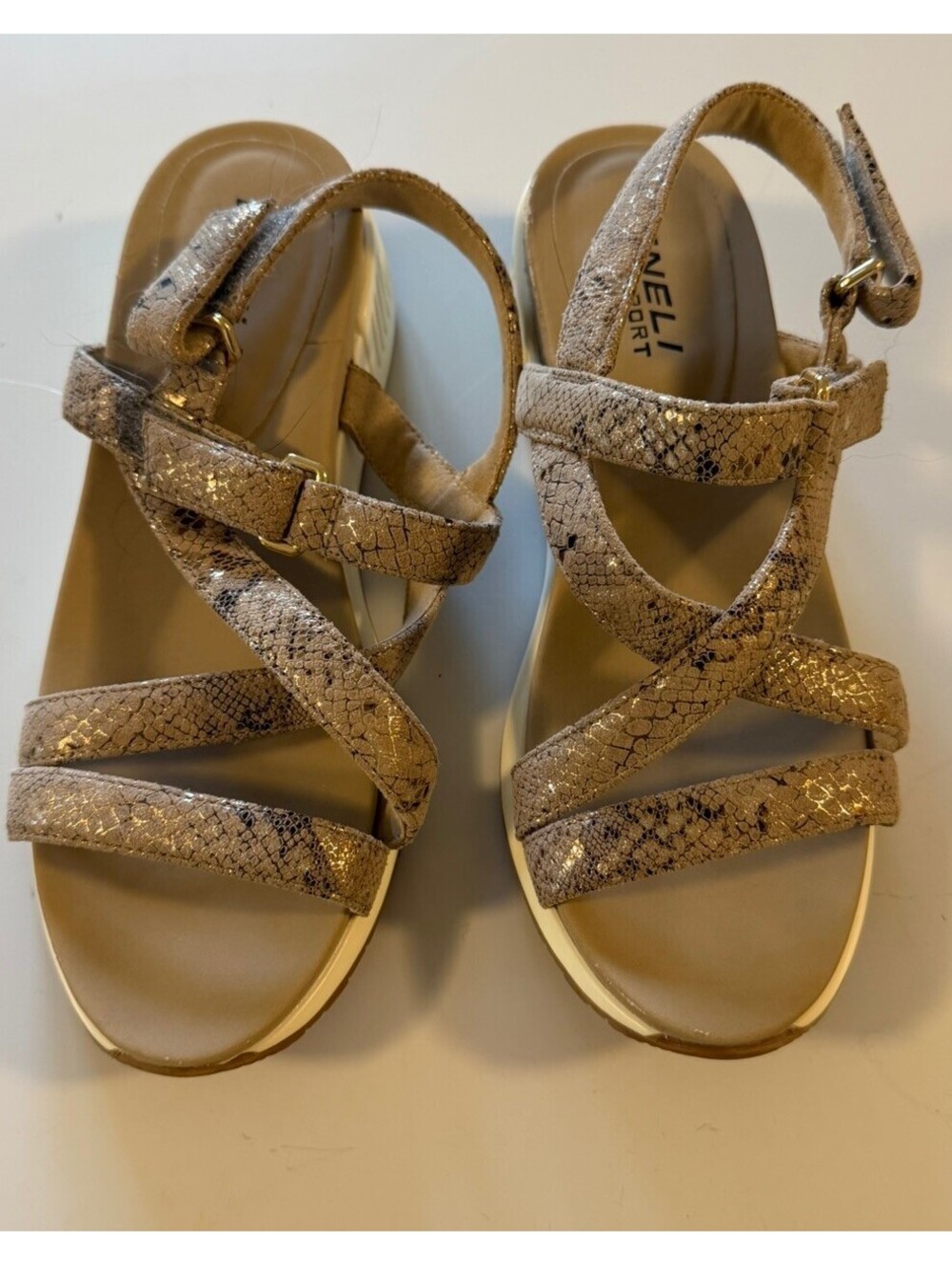 Vaneli Sport Women’s 8M Metallic Gold Snake Print Strappy Comfort Wedge Sandals